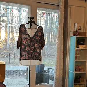 Black Floral V-Neck Blouse with Pink Rose Print